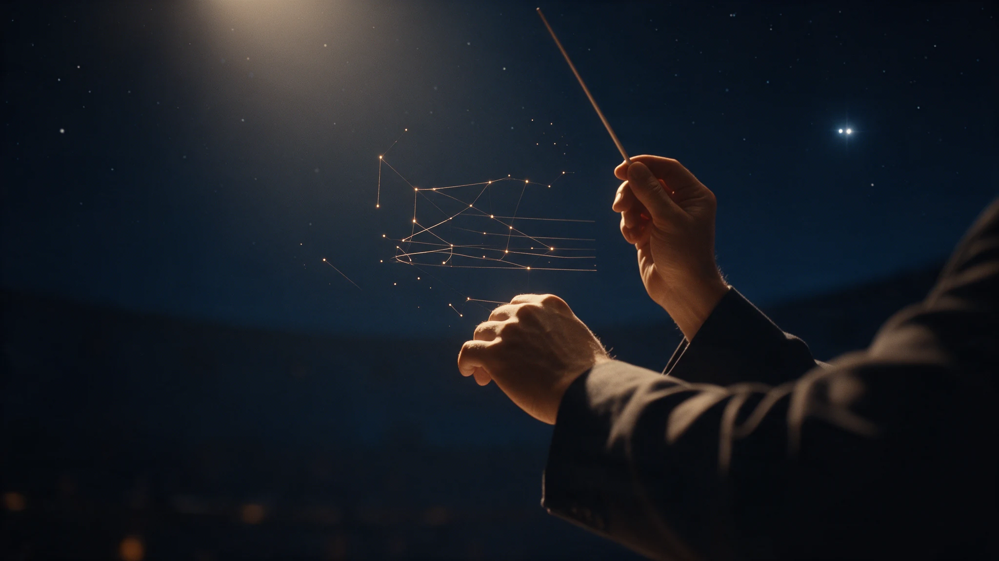 Mãos de um maestro com a batuta erguida, regendo fios de luz dourada sob um céu estrelado