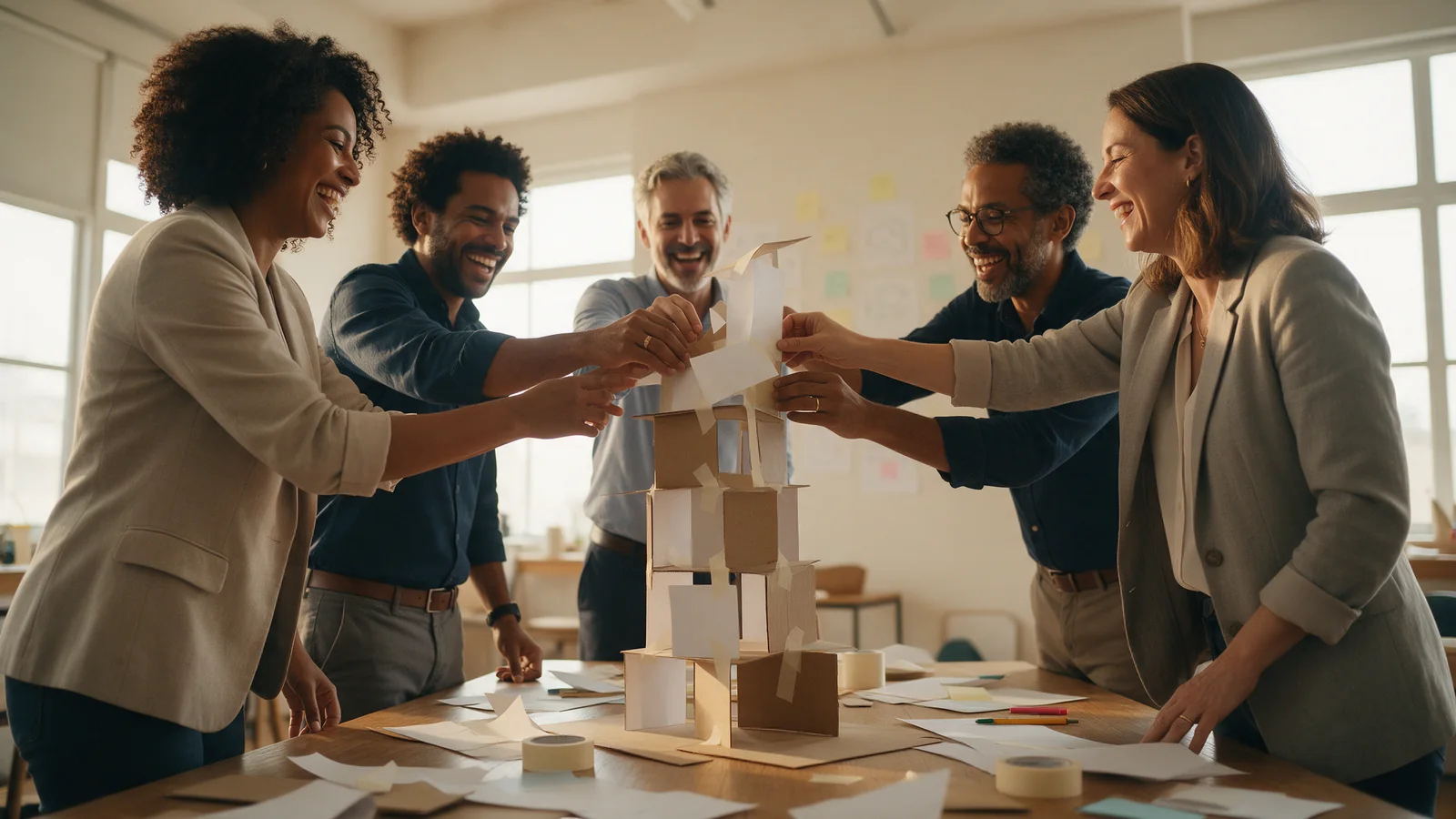 Equipe sorridente construindo uma torre de papel e fita crepe sobre uma mesa de madeira
